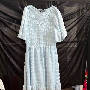 Chic Light Blue Midi Dress with Textured Details